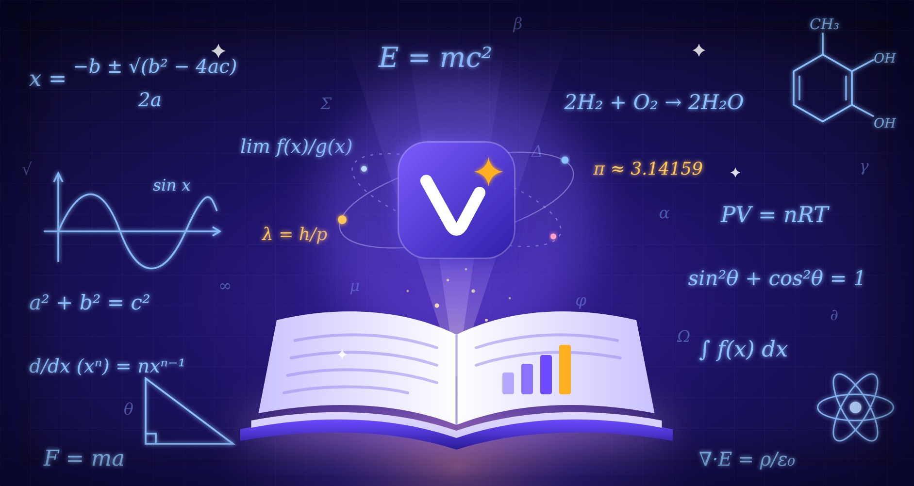 Open book with the glowing Vgyan AI mark surrounded by science and maths formulas